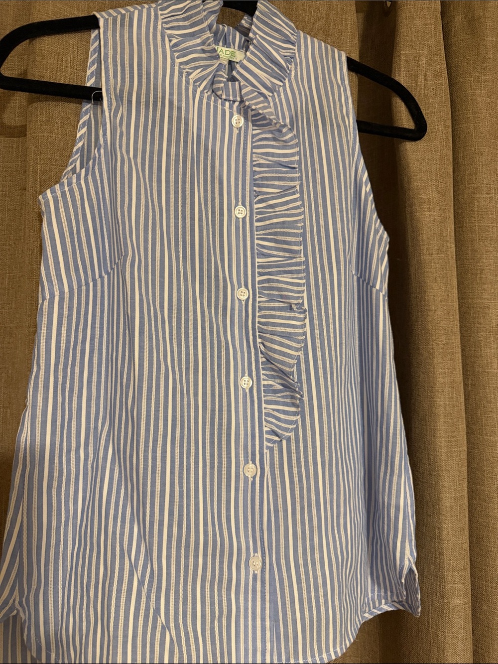 Jade Blue & White Striped Sleeveless Ruffle-Front Blouse